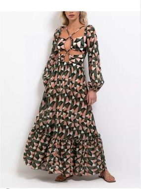 Pat Bo Geometric Print Cutout Maxi Dress in Olive & Blush